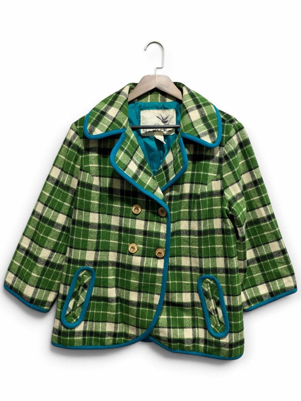 Anthropologie Green Plaid Peacoat Teal Trim Tabitha Double Breasted Mod Twee